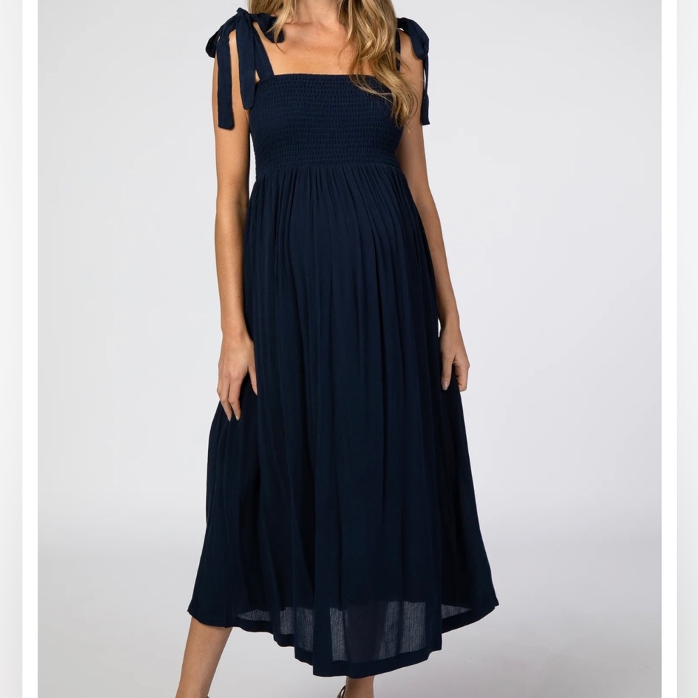 Navy Blue Smocked Tie Strap Maternity Midi Dress Large